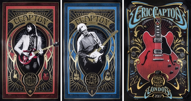 Collection of (3) 2017 Eric Clapton Final Tour Posters Signed by Artist Adam Pobiak - Los Angeles, NYC & London 
